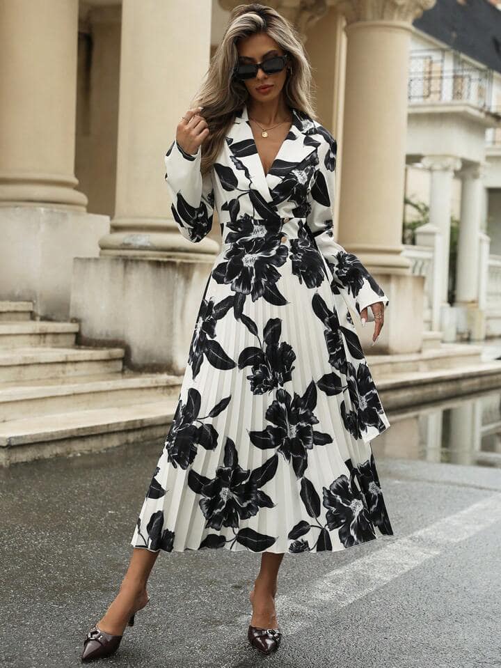 CM-DS184419 Women Casual Seoul Style Random Print Pleated Hem Straight Long Sleeve Dress