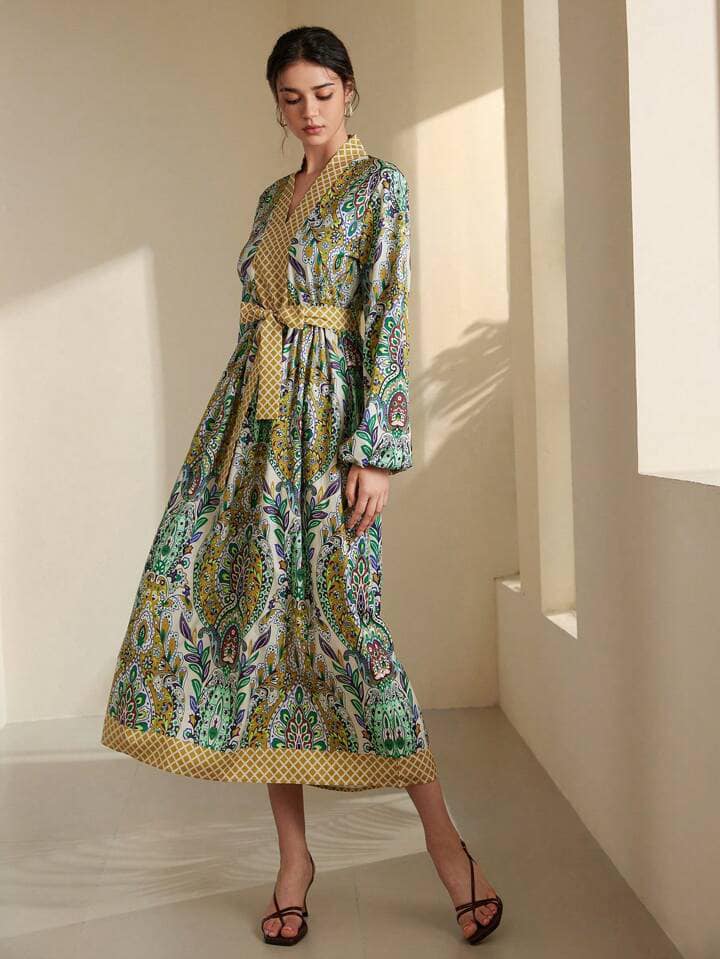 CM-DS234342 Women Trendy Bohemian Style Color-Block Floral Printed V-Neck Puff Sleeve Long Dress