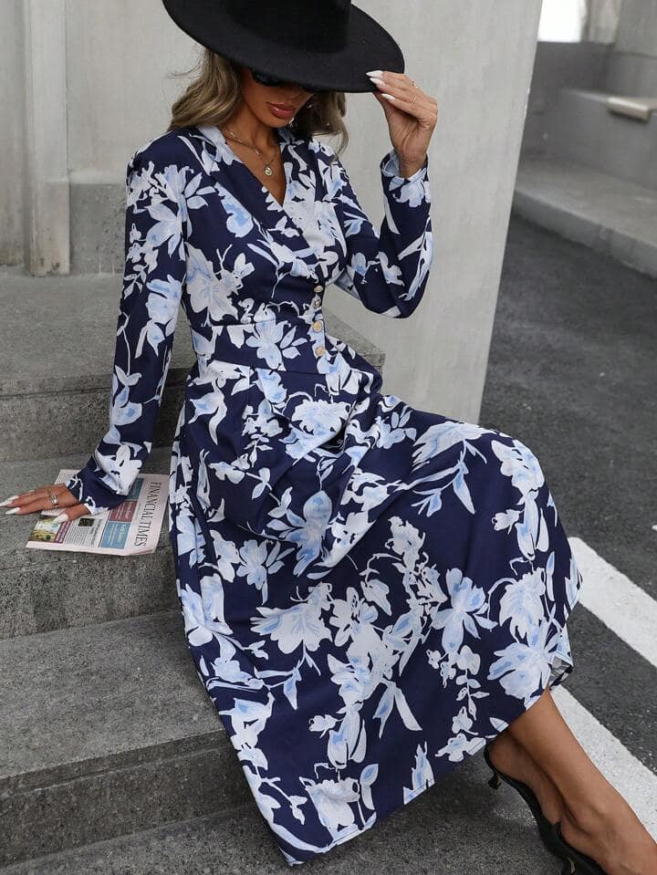 CM-DS189104 Women Elegant Seoul Style Floral Print Wrap Front Cinched Waist Button Dress