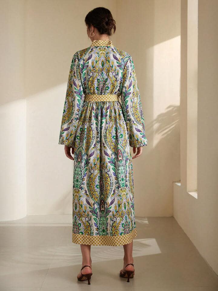 CM-DS234342 Women Trendy Bohemian Style Color-Block Floral Printed V-Neck Puff Sleeve Long Dress