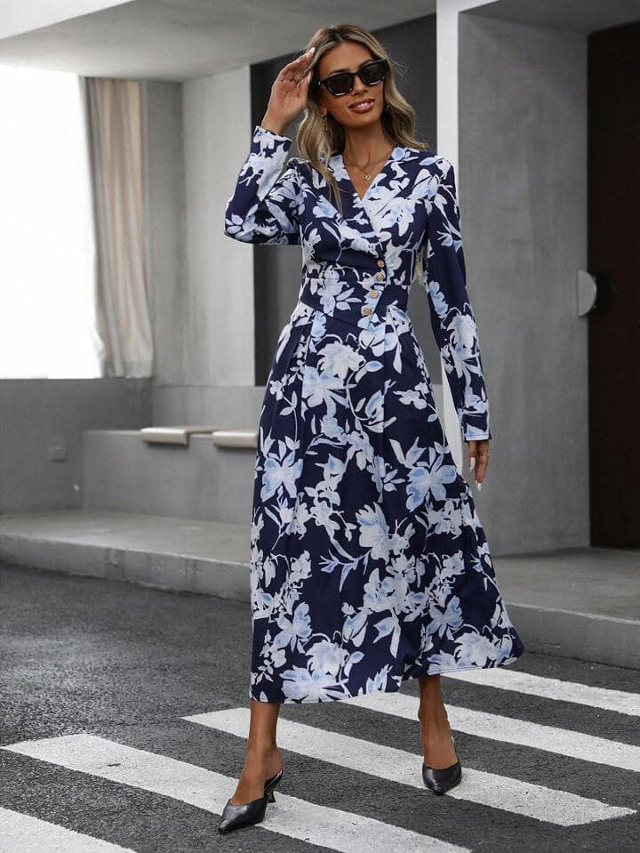 CM-DS189104 Women Elegant Seoul Style Floral Print Wrap Front Cinched Waist Button Dress
