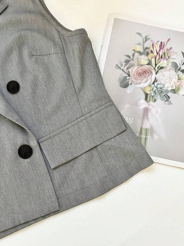 CM-CS031930 Women Casual Seoul Style Lapel Neckline Sleeveless Double-Breasted Vest - Gray