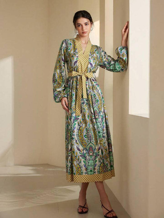 CM-DS234342 Women Trendy Bohemian Style Color-Block Floral Printed V-Neck Puff Sleeve Long Dress