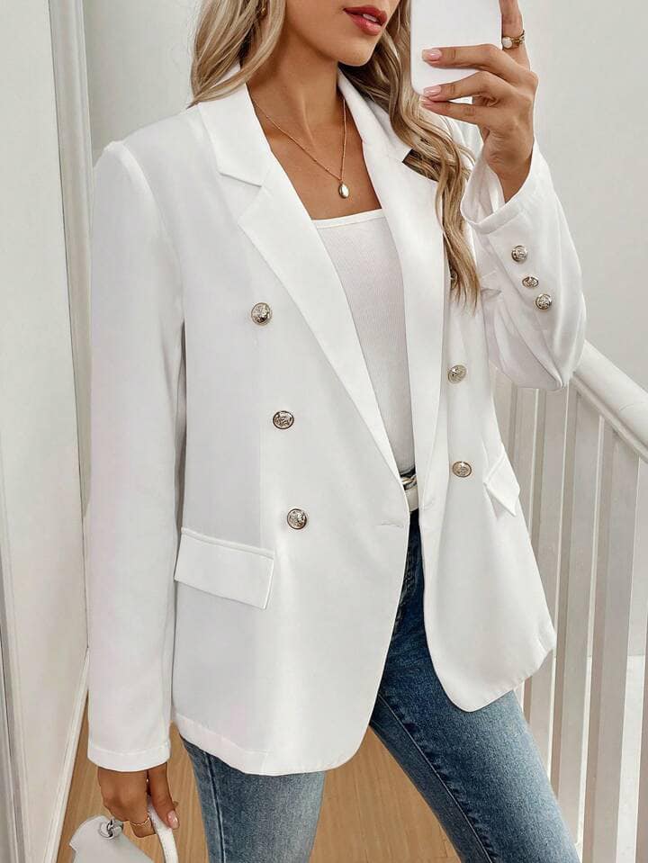 CM-CS459940 Women Casual Seoul Style Solid Color Lapel Neckline Long Sleeve Blazer - White