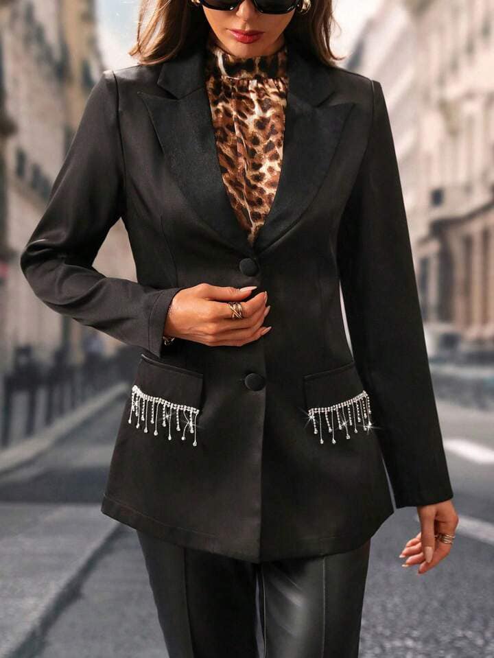 CM-CS072850 Women Casual Seoul Style Lapel Long Sleeve Sequin Tassel Design Blazer Jacket