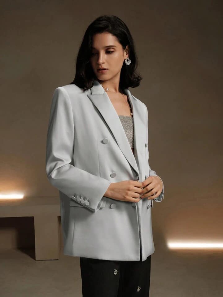 CM-CS011112 Women Elegant Seoul Style Satin Long Sleeve Double-Breasted Suit Jacket - Silver