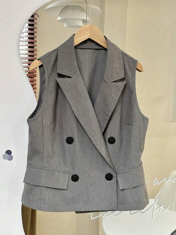 CM-CS031930 Women Casual Seoul Style Lapel Neckline Sleeveless Double-Breasted Vest - Gray