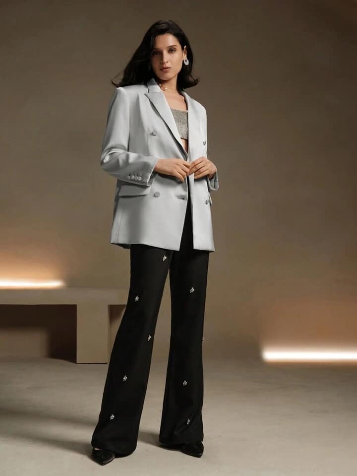 CM-CS011112 Women Elegant Seoul Style Satin Long Sleeve Double-Breasted Suit Jacket - Silver