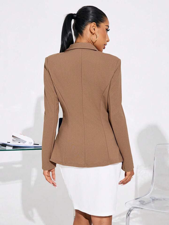 CM-CS179329 Women Casual Seoul Style Solid Color Notched Collar Long Sleeve Blazer - Khaki