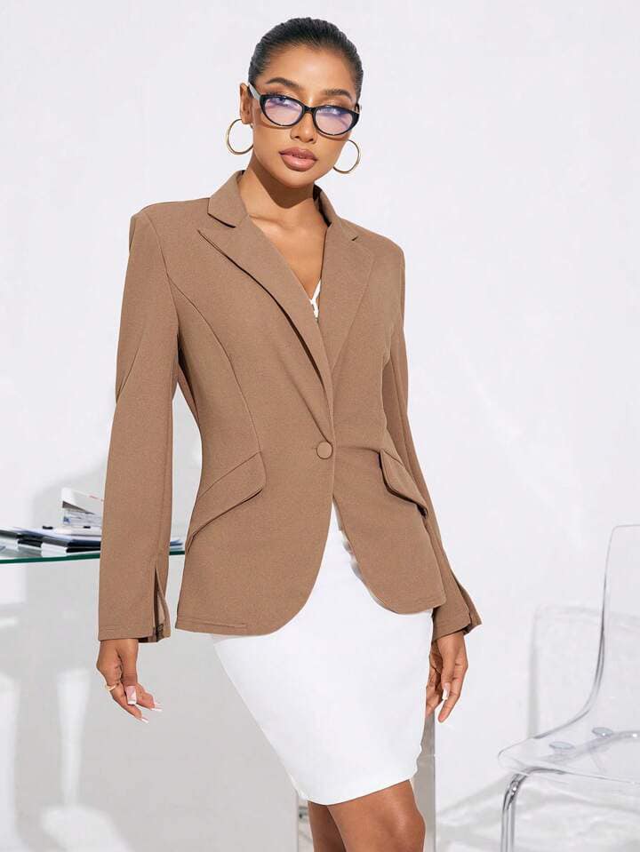 CM-CS179329 Women Casual Seoul Style Solid Color Notched Collar Long Sleeve Blazer - Khaki