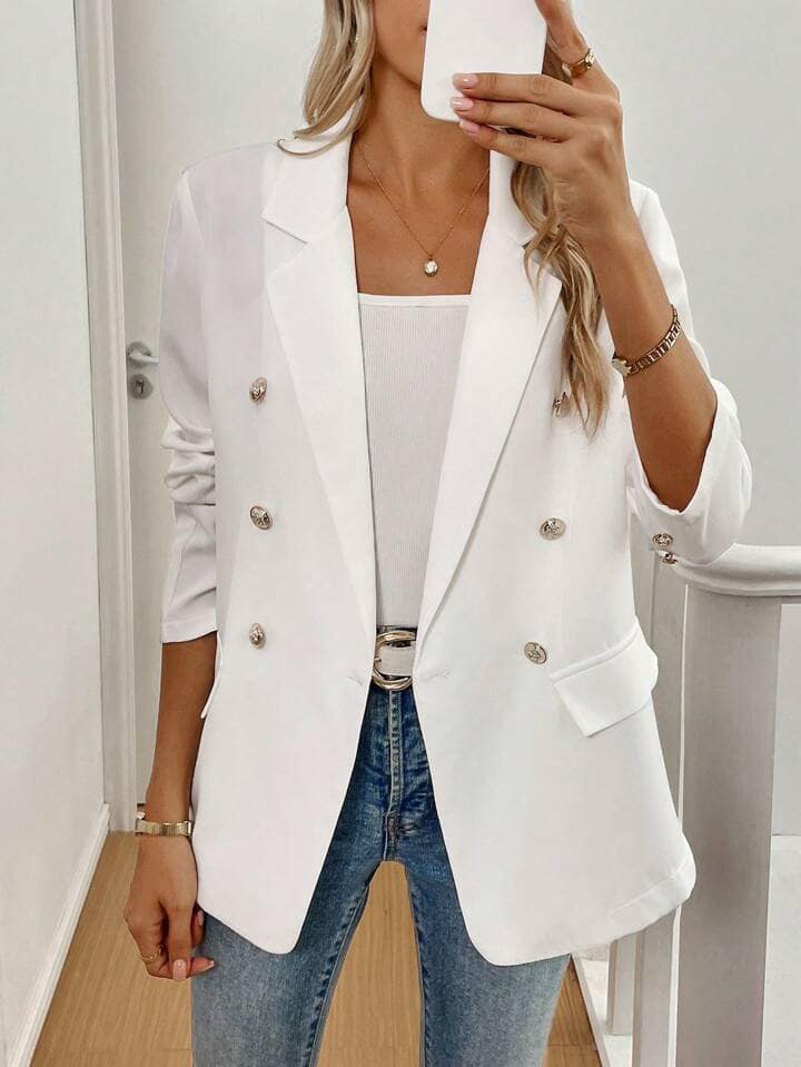 CM-CS459940 Women Casual Seoul Style Solid Color Lapel Neckline Long Sleeve Blazer - White