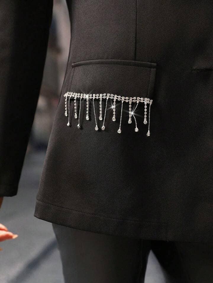 CM-CS072850 Women Casual Seoul Style Lapel Long Sleeve Sequin Tassel Design Blazer Jacket