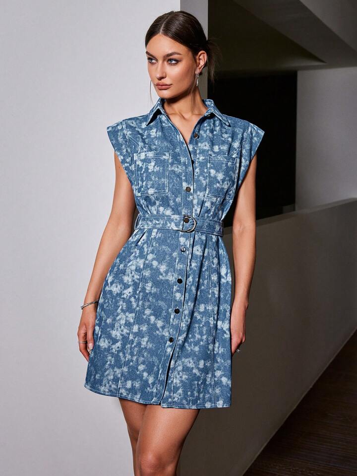 CM-DS950143 Women Casual Seoul Style Button Front Shirt Collar Sleeveless Mini Dress - Baby Blue