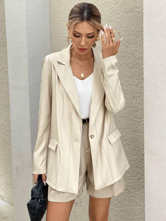 CM-CS372227 Women Casual Seoul Style Single-Breasted Pocket Striped Long Sleeve Blazer - Apricot