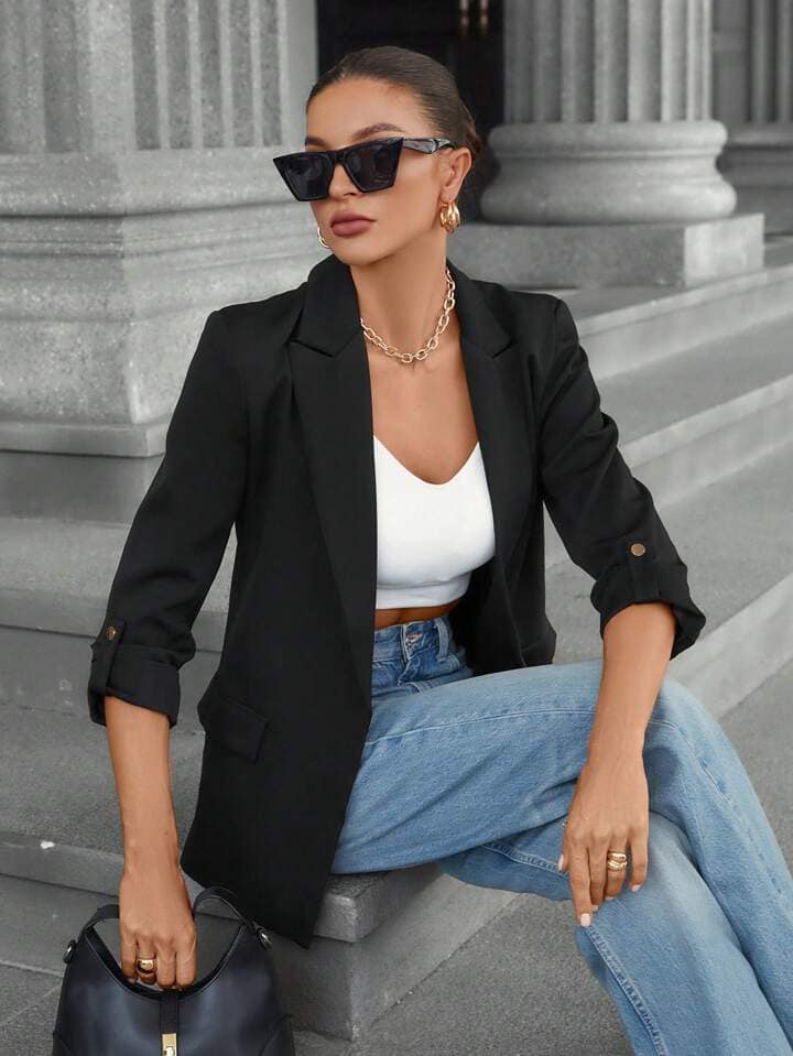 CM-CS614233 Women Casual Seoul Style Solid Color Lapel Neckline Roll Up Sleeve Blazer - Black