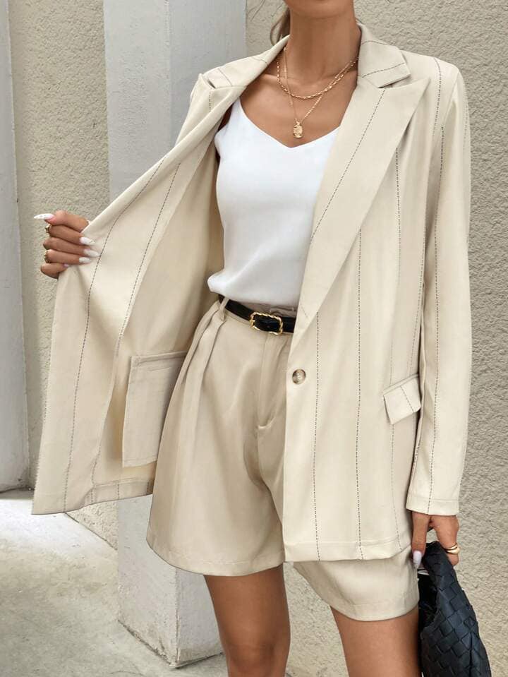 CM-CS372227 Women Casual Seoul Style Single-Breasted Pocket Striped Long Sleeve Blazer - Apricot