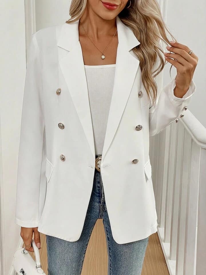 CM-CS459940 Women Casual Seoul Style Solid Color Lapel Neckline Long Sleeve Blazer - White