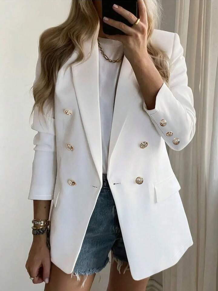 CM-CS459940 Women Casual Seoul Style Solid Color Lapel Neckline Long Sleeve Blazer - White