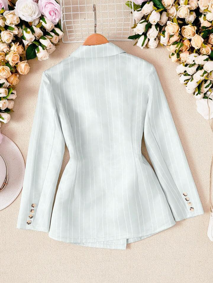 CM-CS042388 Women Casual Seoul Style Notched Collar Long Sleeve Front Button Striped Blazer