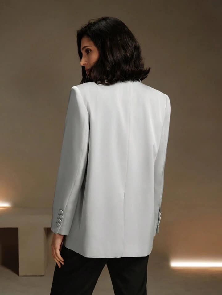 CM-CS011112 Women Elegant Seoul Style Satin Long Sleeve Double-Breasted Suit Jacket - Silver