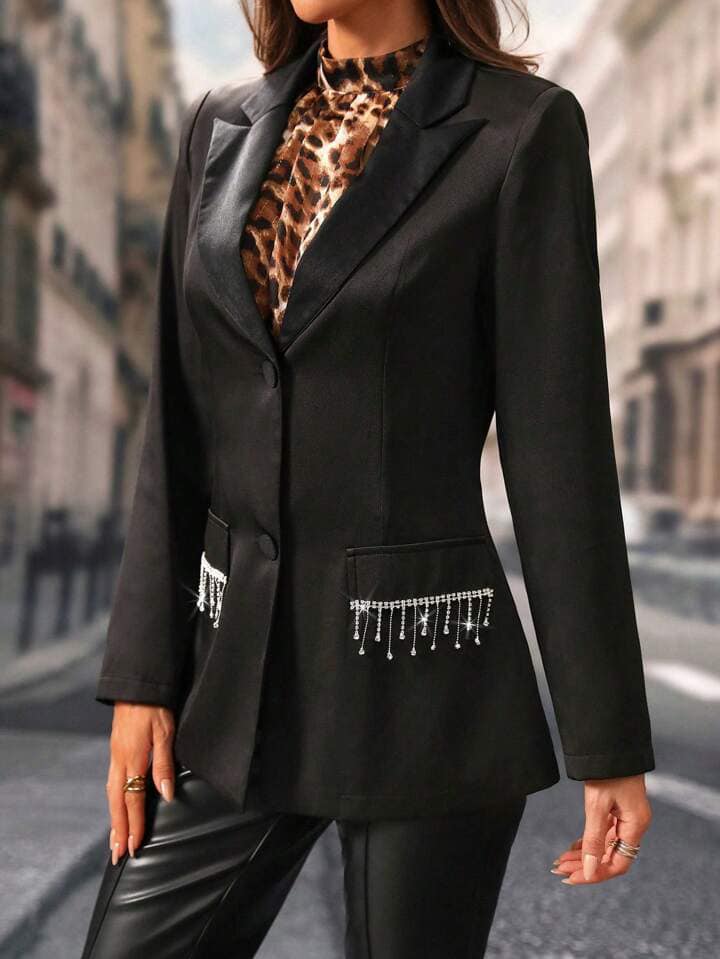 CM-CS072850 Women Casual Seoul Style Lapel Long Sleeve Sequin Tassel Design Blazer Jacket