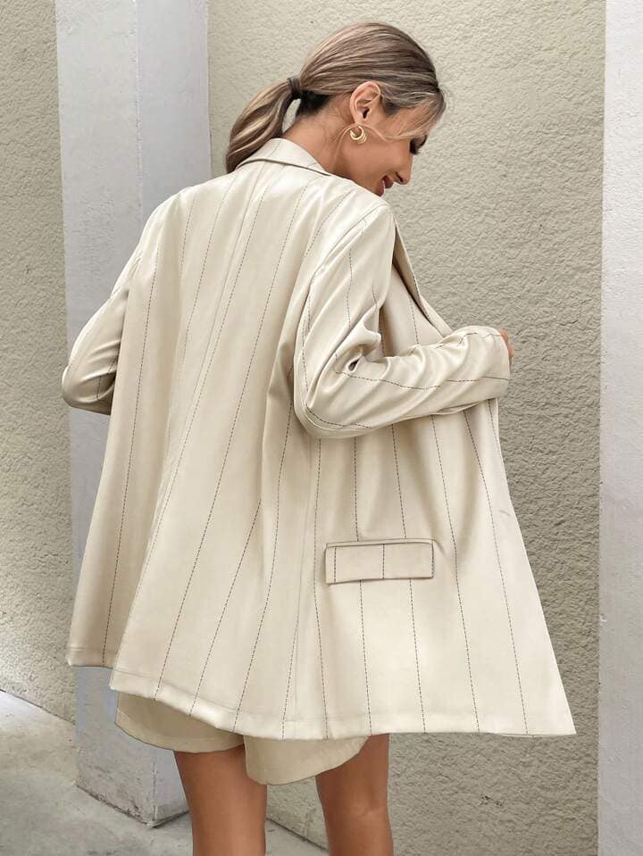 CM-CS372227 Women Casual Seoul Style Single-Breasted Pocket Striped Long Sleeve Blazer - Apricot