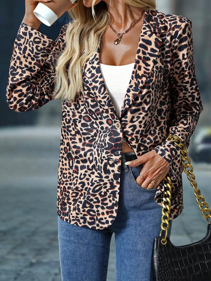 CM-CS136836 Women Casual Seoul Style Shawl Collar All-Over Print Blazer Jacket - Khaki