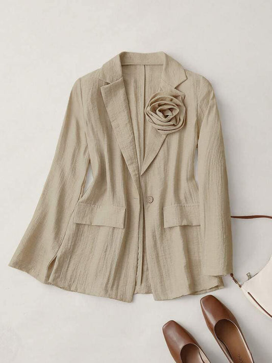 CM-CS669411 Women Casual Seoul Style Lapel Neckline Long Sleeve 3D Floral Decor Blazer - Khaki