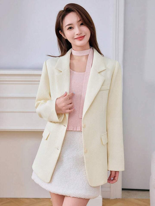 CM-CS583784 Women Elegant Seoul Style Solid Color Notch Lapel Long Sleeve Blazer - Apricot