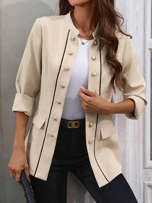 CM-CS616668 Women Casual Seoul Style Stand Collar Long Sleeve Double-Breasted Blazer - Khaki