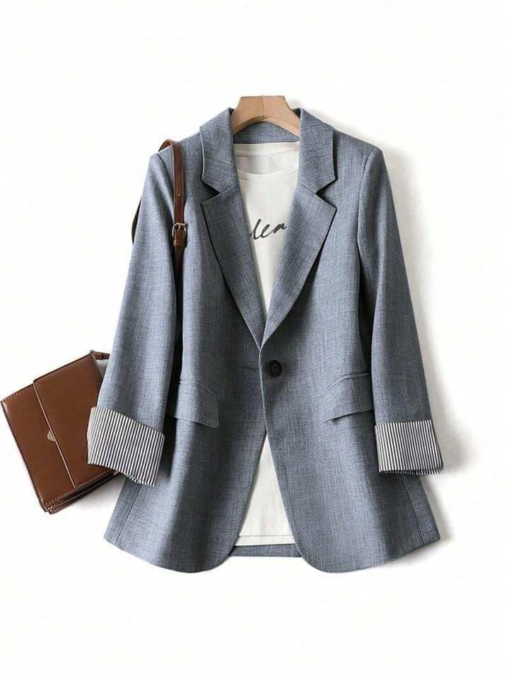 CM-CS962378 Women Casual Seoul Style Striped Patchwork Long Sleeve Notched Collar Blazer