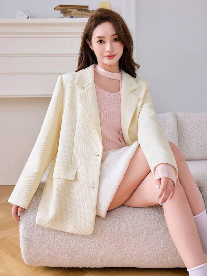 CM-CS583784 Women Elegant Seoul Style Solid Color Notch Lapel Long Sleeve Blazer - Apricot