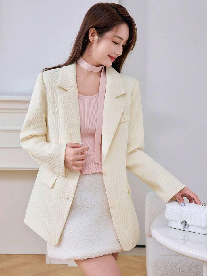 CM-CS583784 Women Elegant Seoul Style Solid Color Notch Lapel Long Sleeve Blazer - Apricot