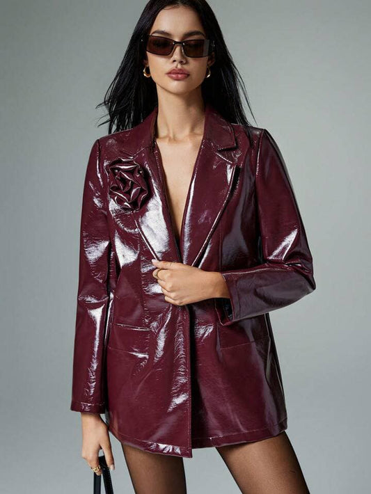 CM-CS266463 Women Elegant Seoul Style Solid Color 3D Floral Decor PU Leather Long Sleeve Blazer