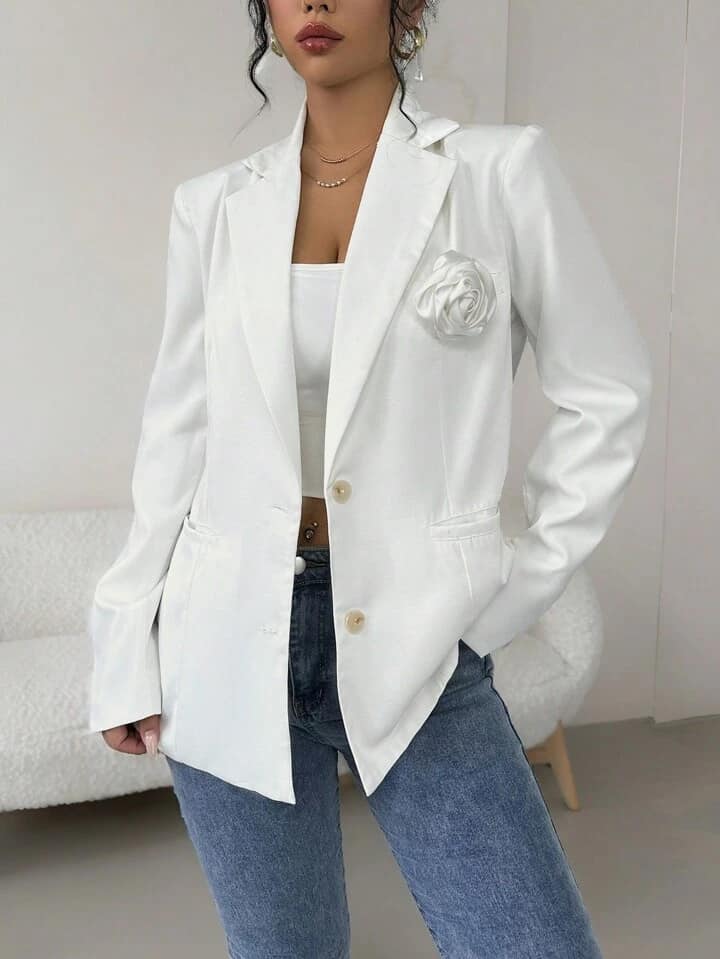CM-CS775817 Women Casual Seoul Style Lapel Neckline 3D Floral Blazer Jacket - White