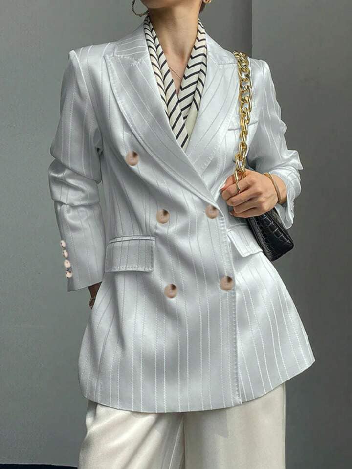 CM-CS042388 Women Casual Seoul Style Notched Collar Long Sleeve Front Button Striped Blazer