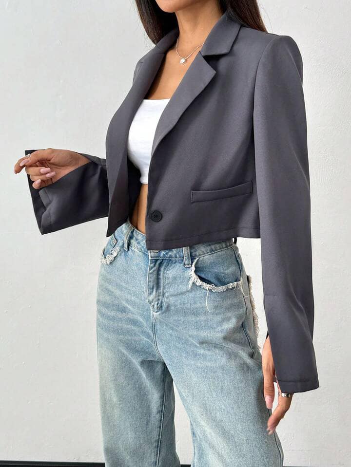 CM-CS486944 Women Casual Seoul Style Short Sleeve Notched Collar Split Hem Blazer - Dark Gray