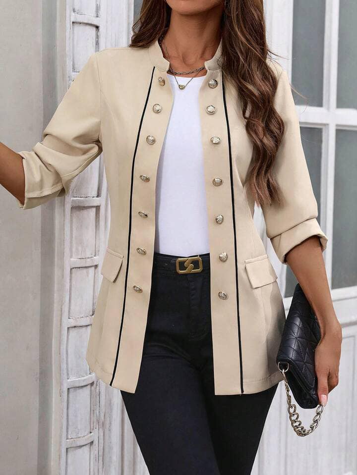 CM-CS616668 Women Casual Seoul Style Stand Collar Long Sleeve Double-Breasted Blazer - Khaki