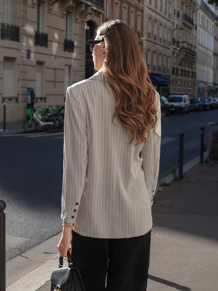 CM-CS399088 Women Casual Seoul Style Striped Print Single Button Long Sleeve Blazer - Gray