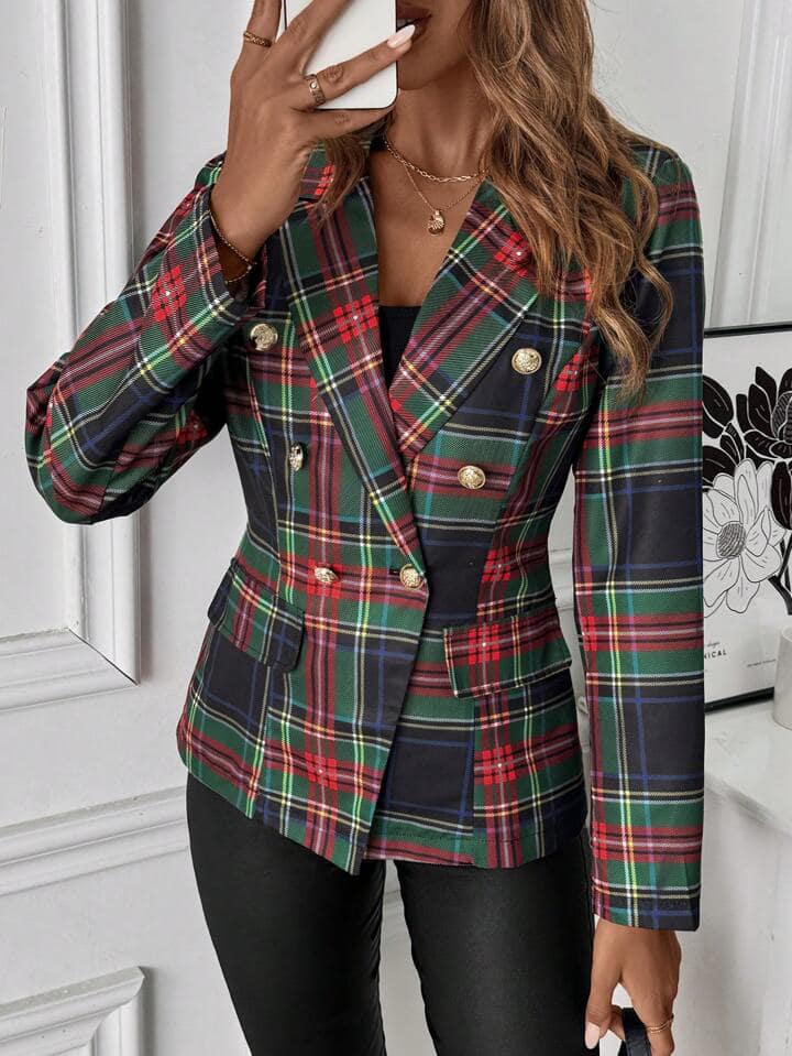 CM-CS381214 Women Casual Seoul Style Plaid Lapel Neckline Long Sleeve Blazer Jacket