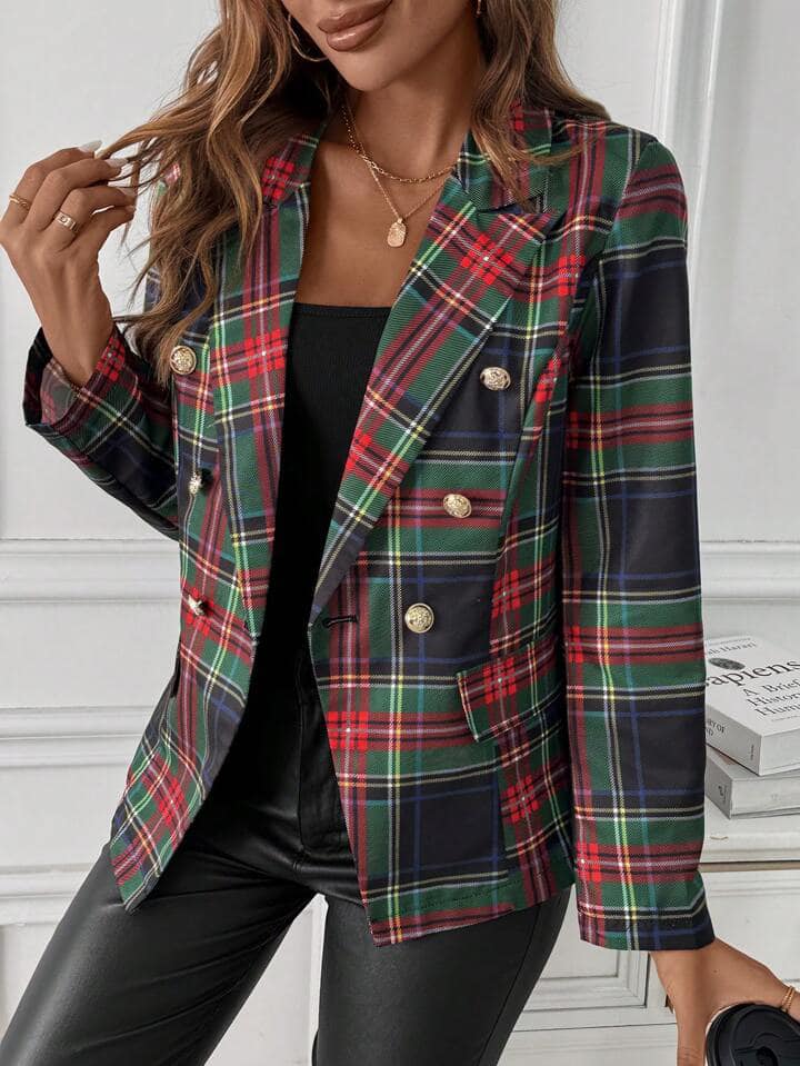 CM-CS381214 Women Casual Seoul Style Plaid Lapel Neckline Long Sleeve Blazer Jacket