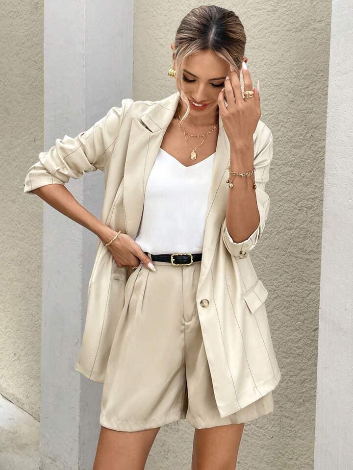 CM-CS372227 Women Casual Seoul Style Single-Breasted Pocket Striped Long Sleeve Blazer - Apricot