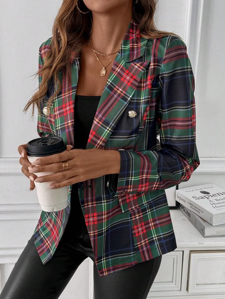 CM-CS381214 Women Casual Seoul Style Plaid Lapel Neckline Long Sleeve Blazer Jacket