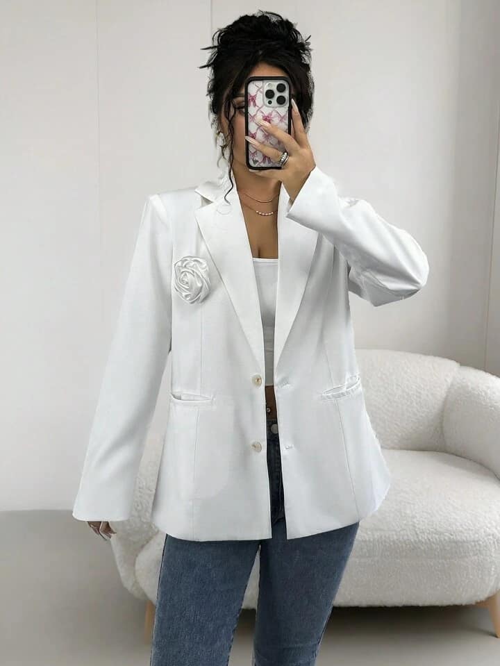CM-CS775817 Women Casual Seoul Style Lapel Neckline 3D Floral Blazer Jacket - White