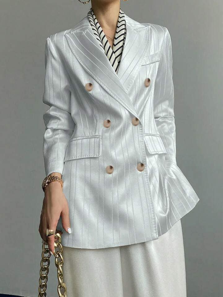 CM-CS042388 Women Casual Seoul Style Notched Collar Long Sleeve Front Button Striped Blazer