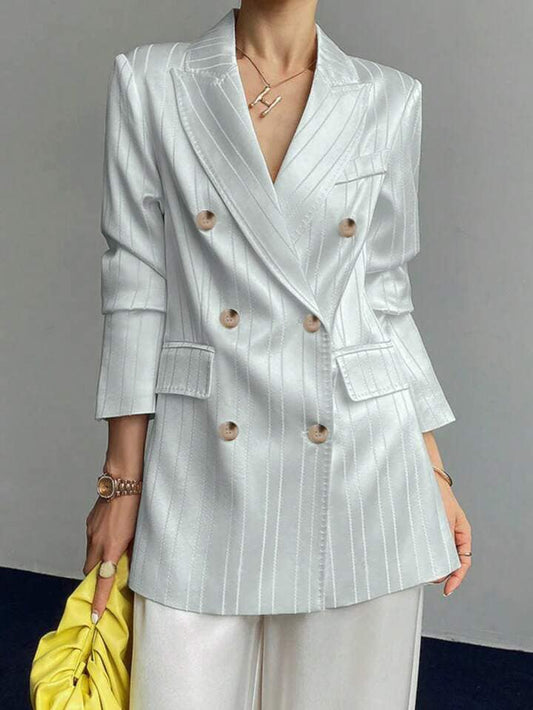 CM-CS042388 Women Casual Seoul Style Notched Collar Long Sleeve Front Button Striped Blazer
