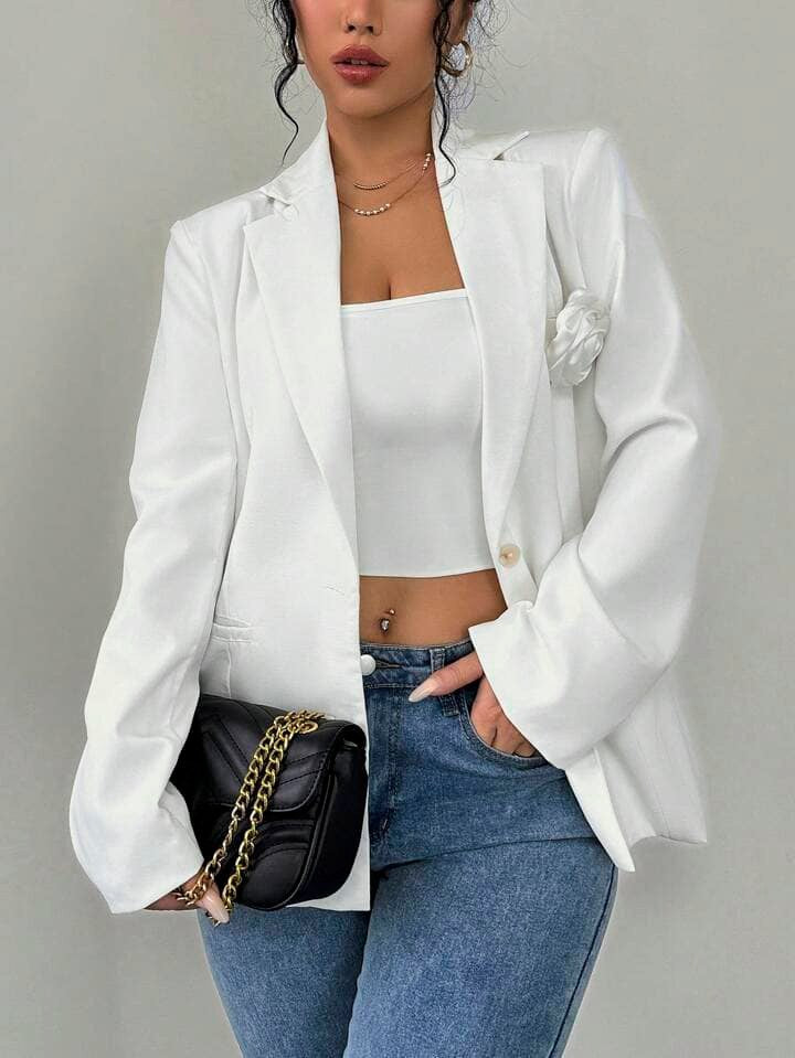 CM-CS775817 Women Casual Seoul Style Lapel Neckline 3D Floral Blazer Jacket - White