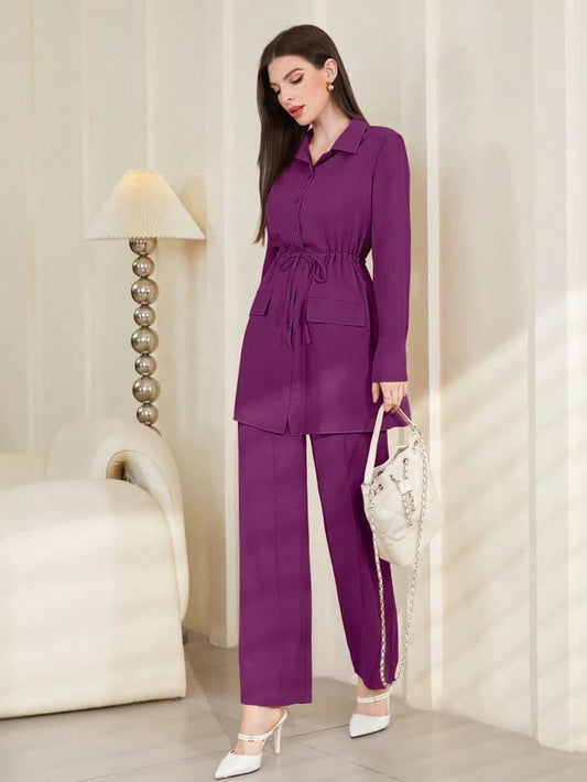 CM-SS375390 Women Trendy Bohemian Style Button Cuffed Long Sleeve Belted Top With Straight Leg Trousers Suit