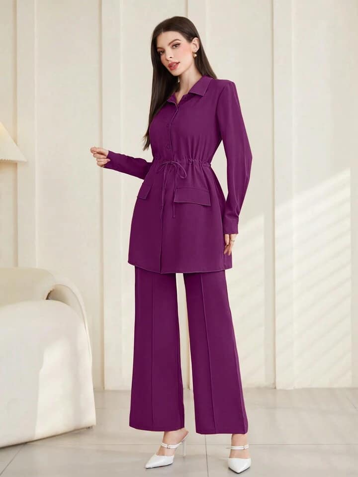 CM-SS375390 Women Trendy Bohemian Style Button Cuffed Long Sleeve Belted Top With Straight Leg Trousers Suit