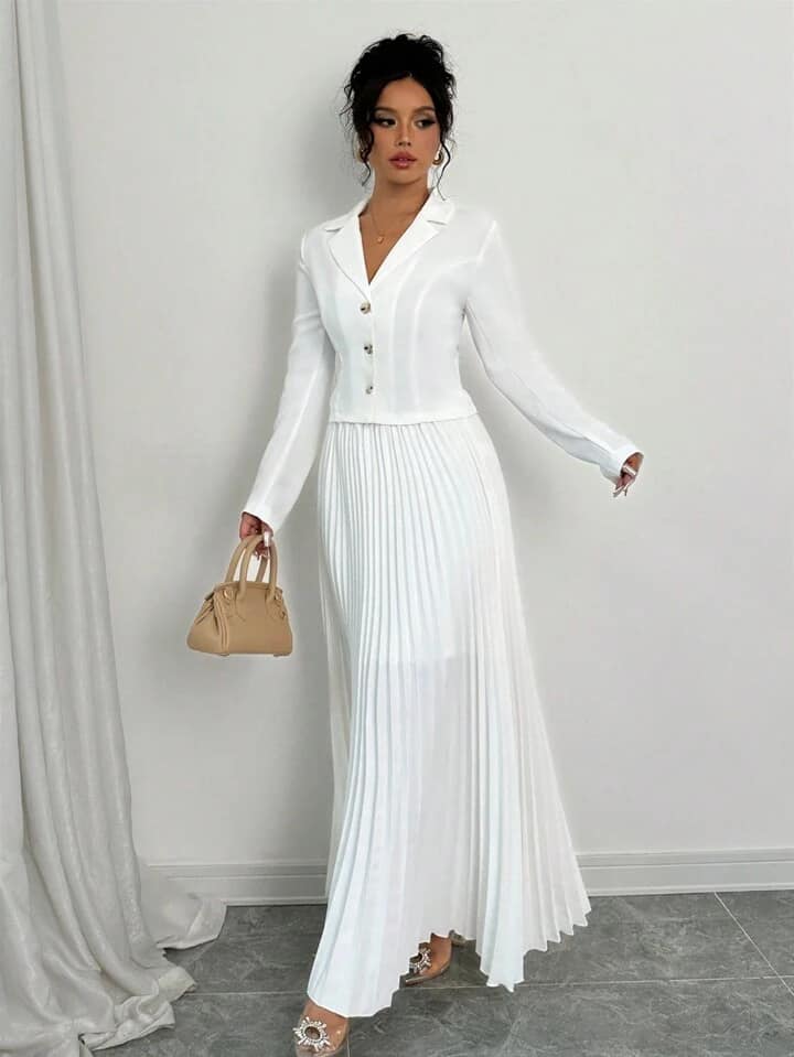 CM-SS729226 Women Elegant Seoul Style Lapel Neckline Long Sleeve Blazer With Pleated Skirt - Set